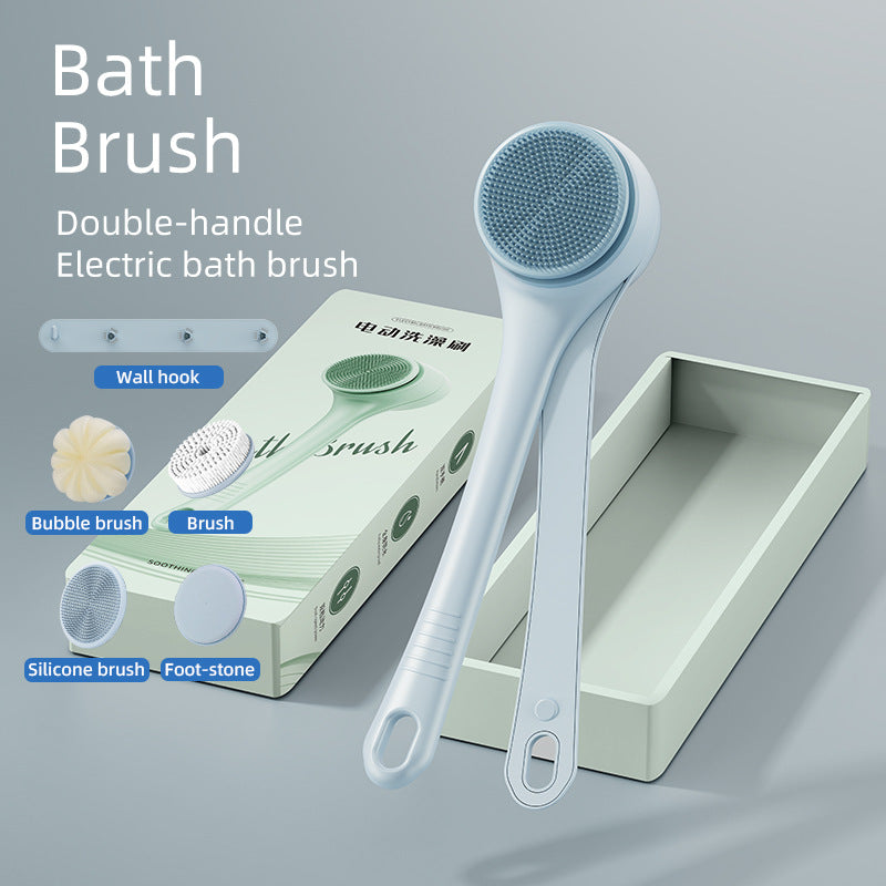 Double-handle electric bath brush with packaging on a gray background