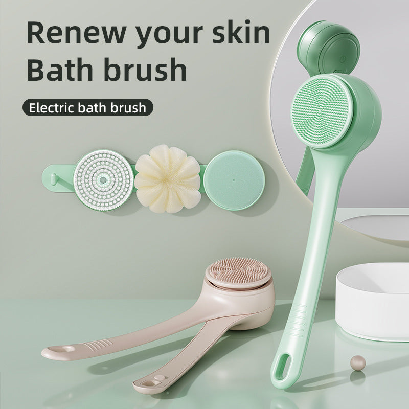 Electric bath brush with attachments on a light green background