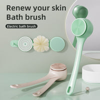 Electric bath brush with attachments on a light green background