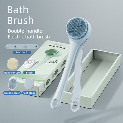 Double-handle electric bath brush with packaging on a gray background