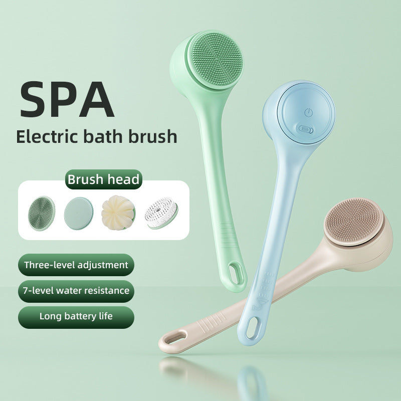 SPA electric bath brush with different brush heads on a light green background