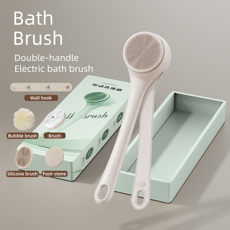 Double-handle electric bath brush with packaging and accessories on a gray background