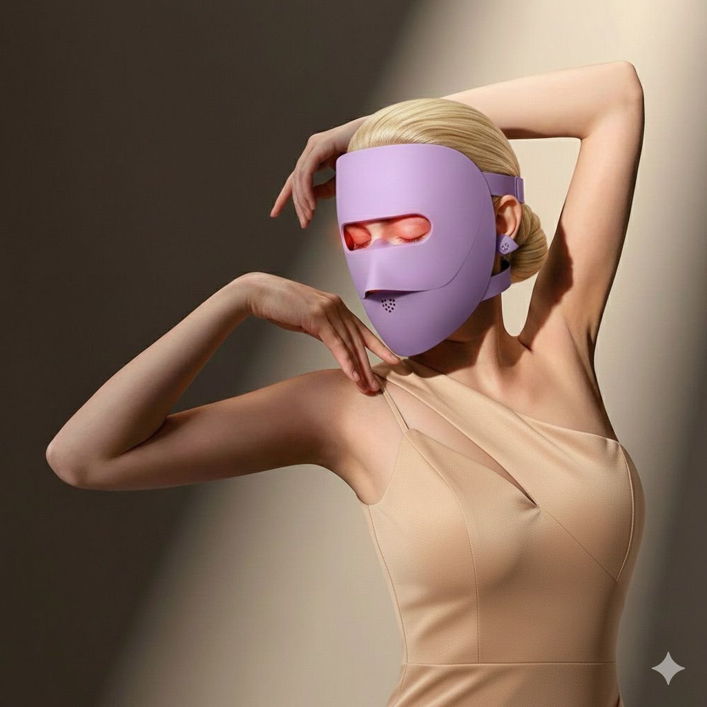 Woman wearing a futuristic purple mask against a gradient background