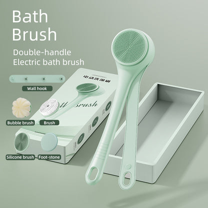 Green double-handle electric bath brush with packaging on a gray background