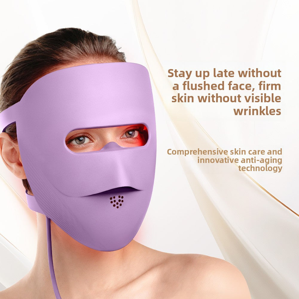 Person wearing a purple face mask with text about skin care technology on a white background